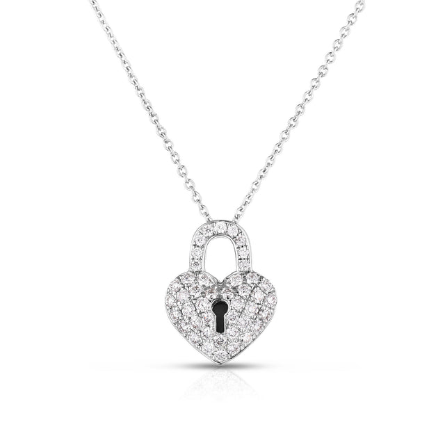 Roberto Coin Tiny Treasures Diamond Heart Lock Necklace in 18K White Gold