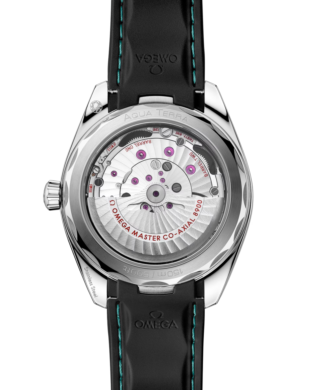 OMEGA Aqua Terra 150M Calibre 8900 transparent caseback and black rubber strap