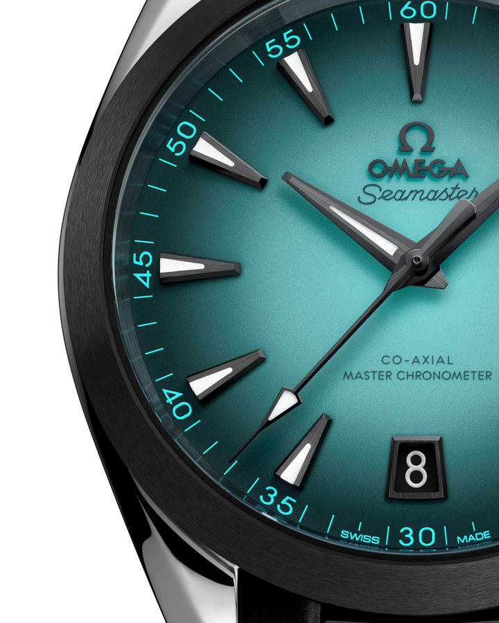 OMEGA Aqua Terra turquoise lacquered dial and black ceramic bezel close-up