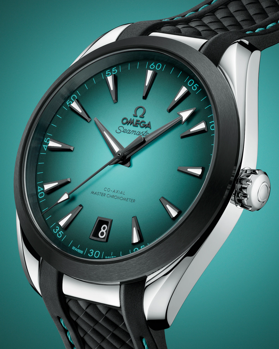 OMEGA Aqua Terra 41 mm watch with turquoise dial and black rubber strap angled view