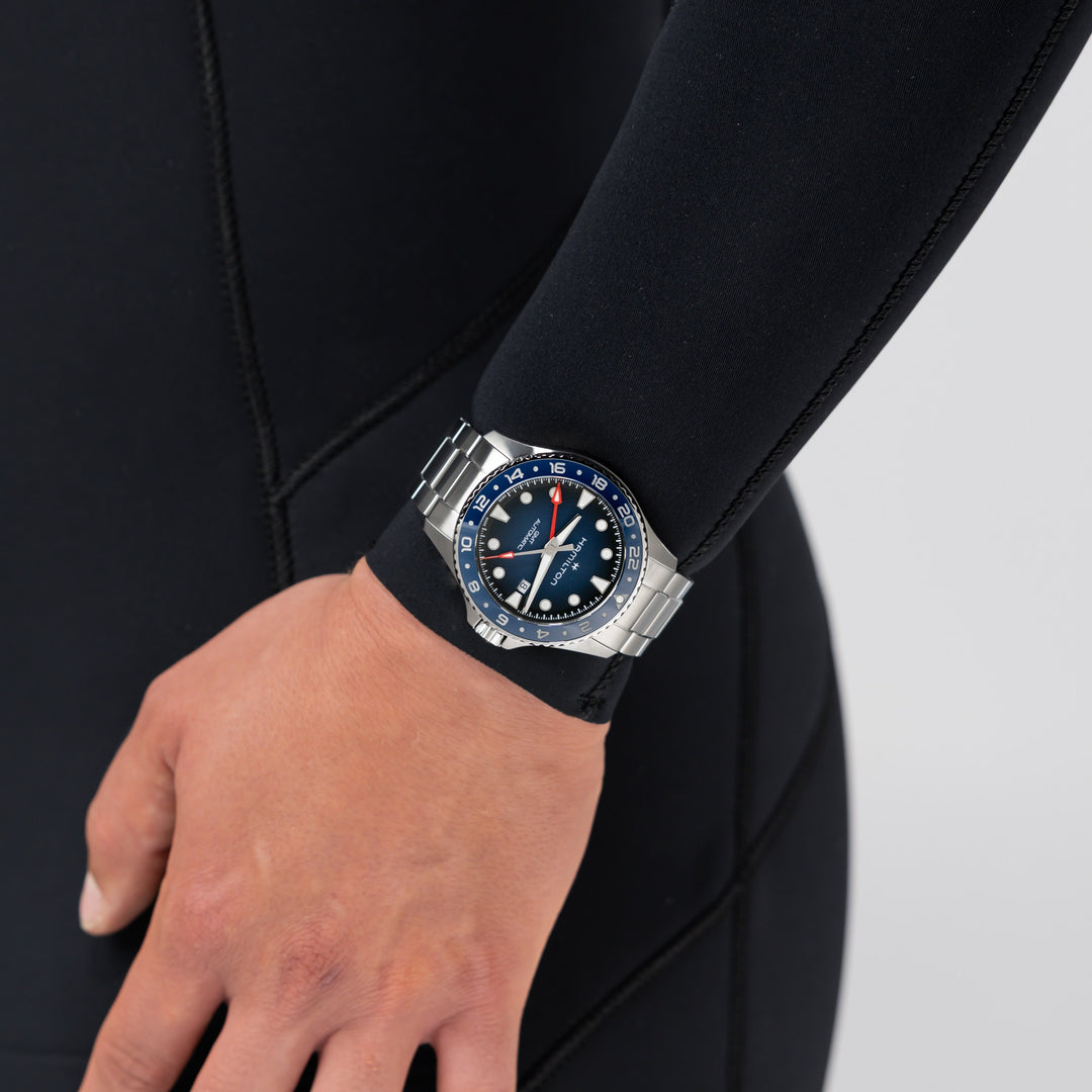 Hamilton Khaki Navy Scuba Auto GMT 43mm H82535140 worn on wrist