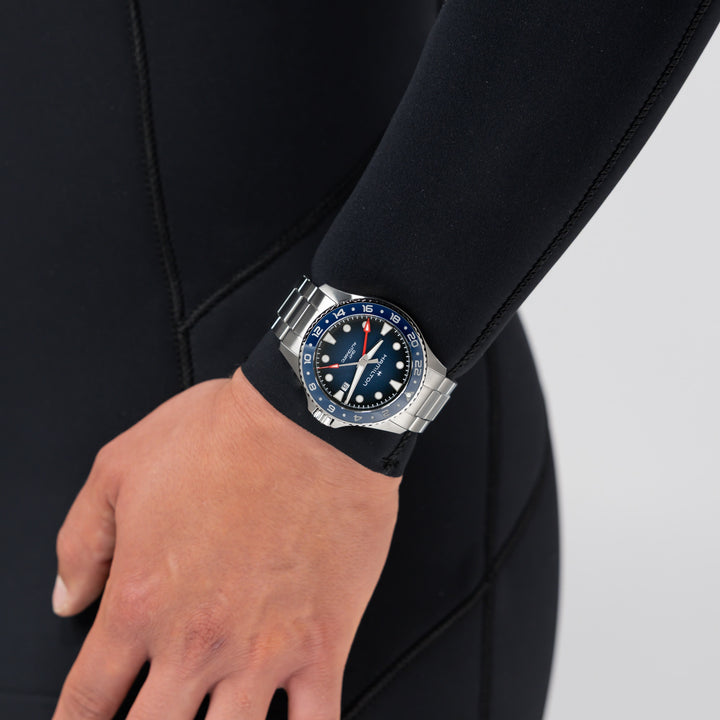 Hamilton Khaki Navy Scuba Auto GMT 43mm H82535140 worn on wrist