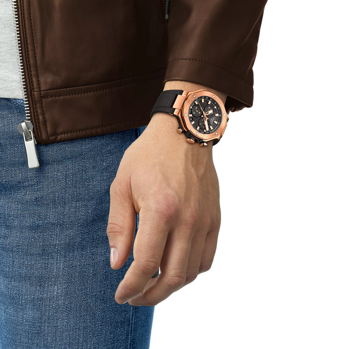 Simulation of the watch Tissot T-Race 45mm on a wrist, reference T141.417.37.051.00