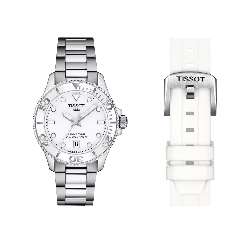 Front view of the watch Tissot Seastar 1000 36mm with additional bracelet, reference T120.210.11.011.00