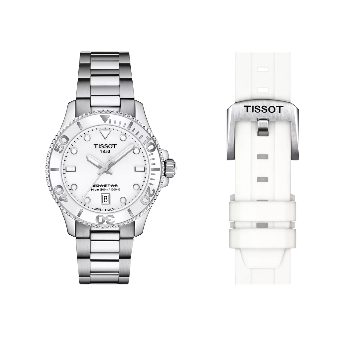Front view of the watch Tissot Seastar 1000 36mm with additional bracelet, reference T120.210.11.011.00