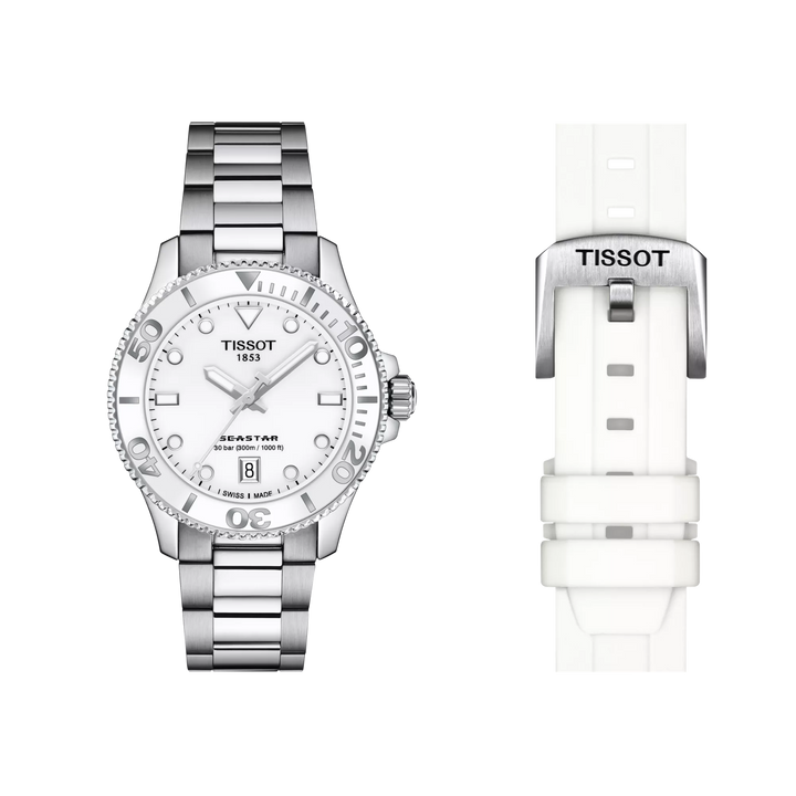 Front view of the watch Tissot Seastar 1000 36mm with additional bracelet, reference T120.210.11.011.00