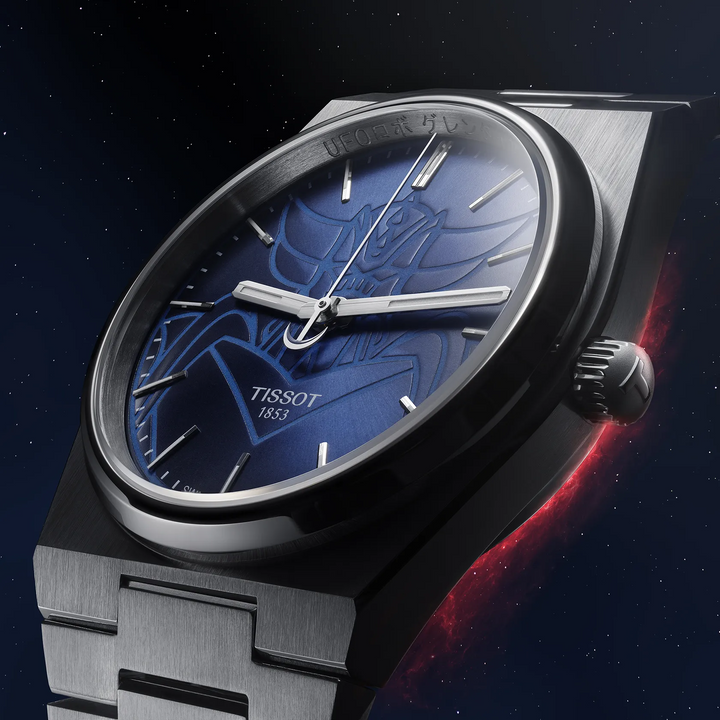 Tissot PRX UFO Robot Grendizer 40mm watch on a colored background, reference T137.407.11.041.02