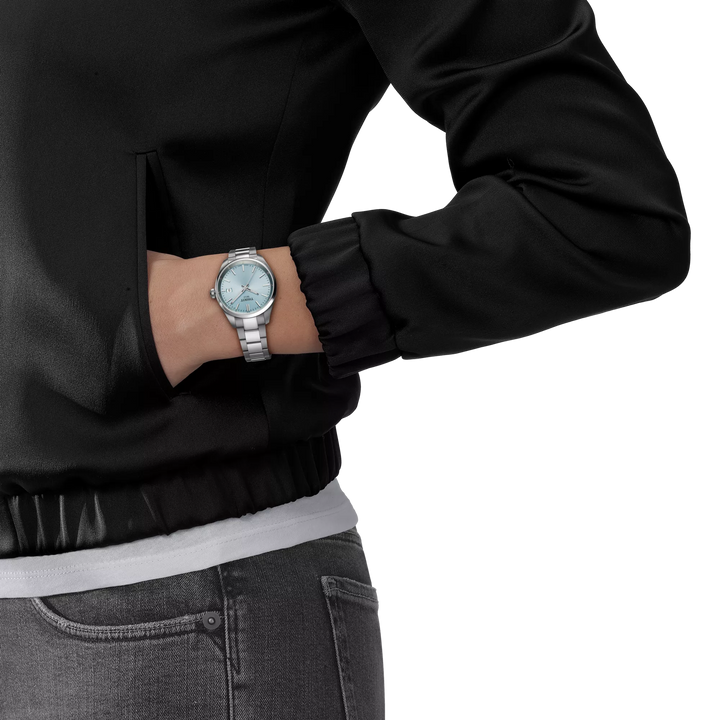 Simulation of the watch Tissot PR 100 34mm on a wrist, reference T150.210.11.351.00