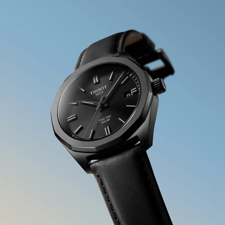 Tissot PRC 100 Solar 39mm watch on a colored background, reference T151.422.36.051.00