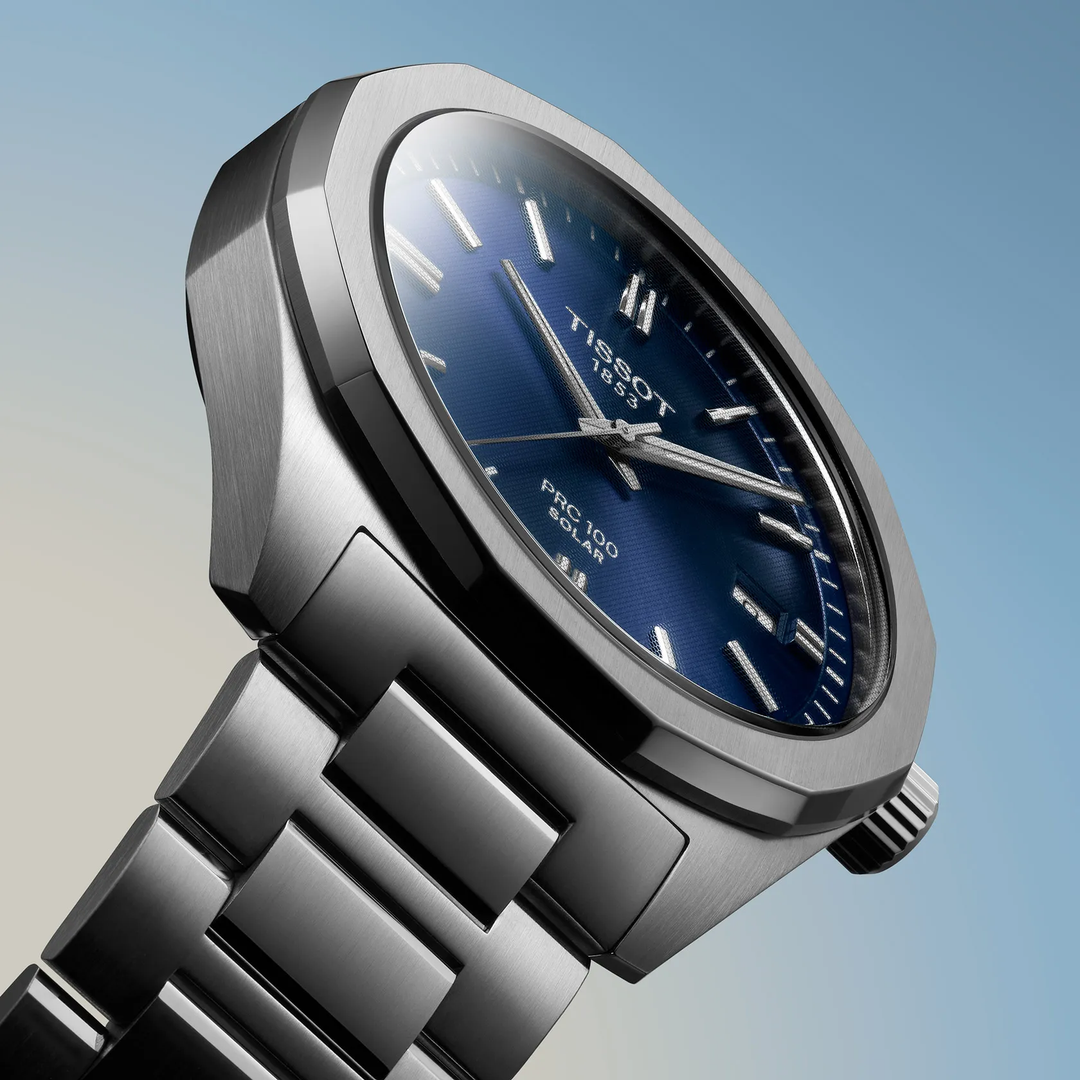 Tissot PRC 100 Solar 39mm watch on a colored background, reference T151.422.11.041.00