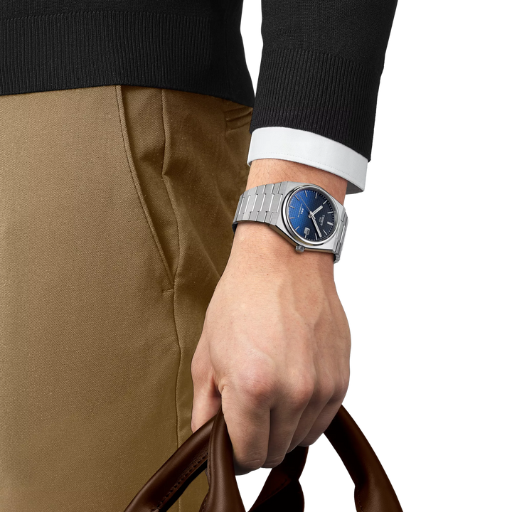 Simulation of the watch Tissot PRX 40mm on a wrist, reference T137.407.11.051.01