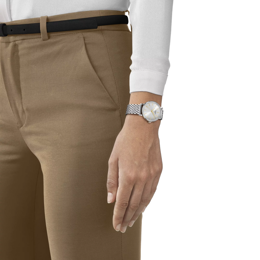 Simulation of the watch Tissot Everytime 34mm on a wrist, reference T143.210.11.011.01