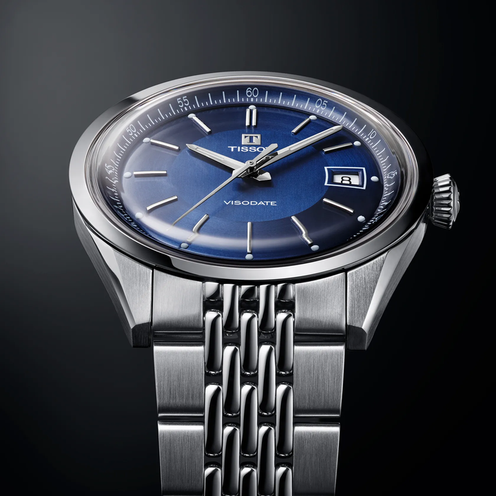 Tissot Visodate 39mm watch on a colored background, reference T157.407.11.041.00