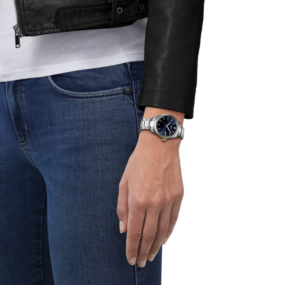 Simulation of the watch Tissot PR 100 34mm on a wrist, reference T150.210.11.041.00