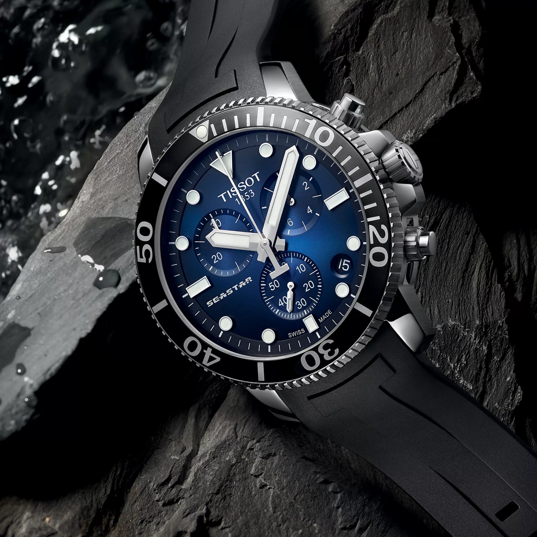 Tissot Seastar 1000 45.5mm watch on a colored background, reference T120.417.17.041.00