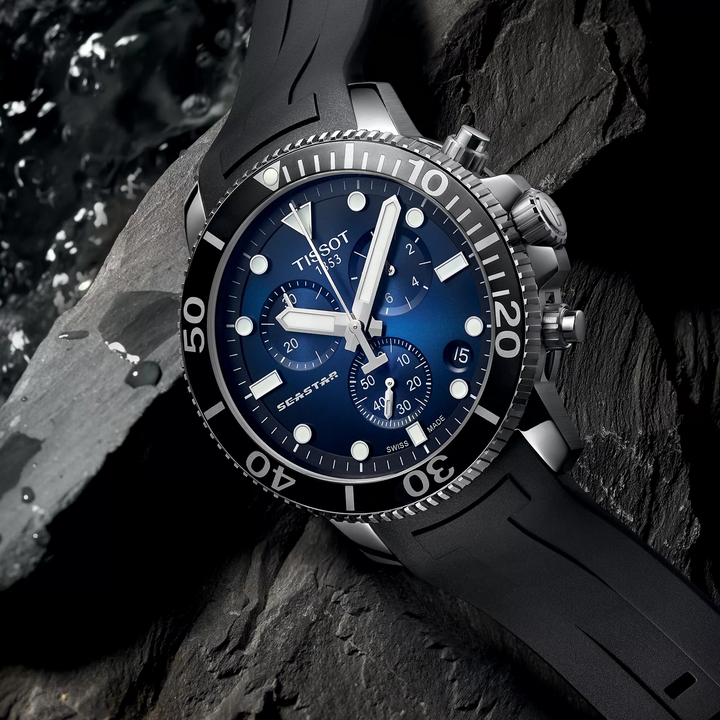 Tissot Seastar 1000 45.5mm watch on a colored background, reference T120.417.17.041.00