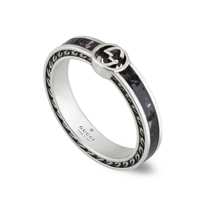 Gucci Interlocking Sterling Silver and Black Enamel Ring Size 7.25 YBC701620001012