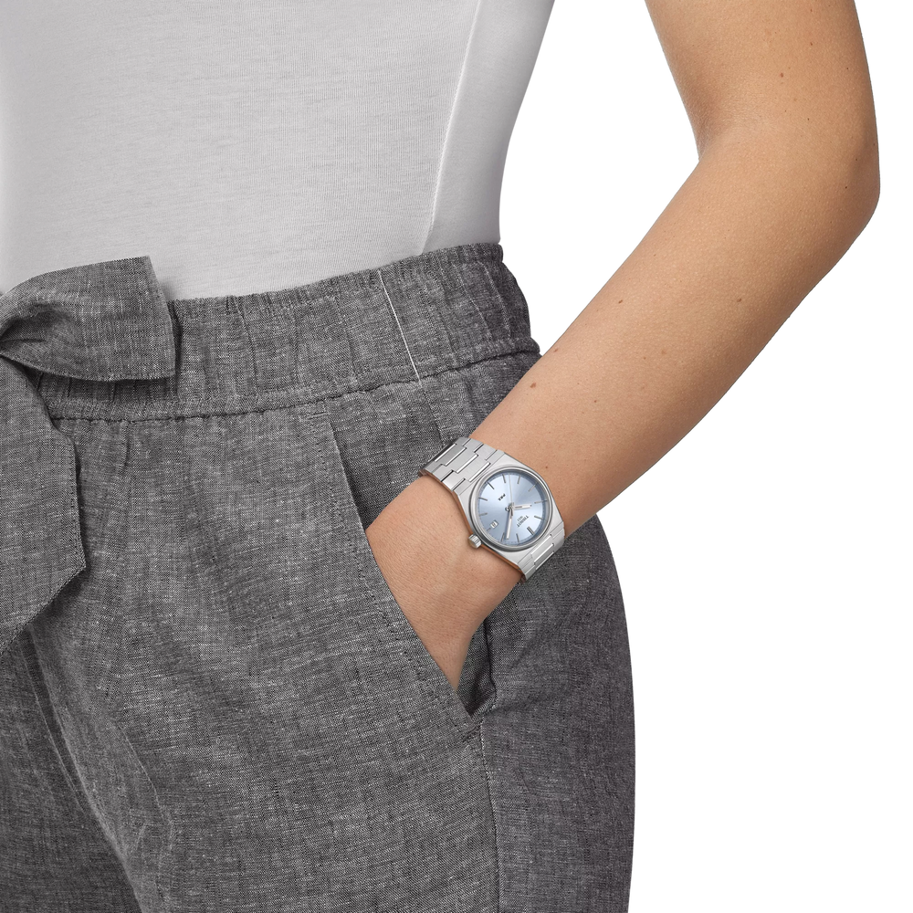Simulation of the watch Tissot PRX 35mm on a wrist, reference T137.210.11.351.00
