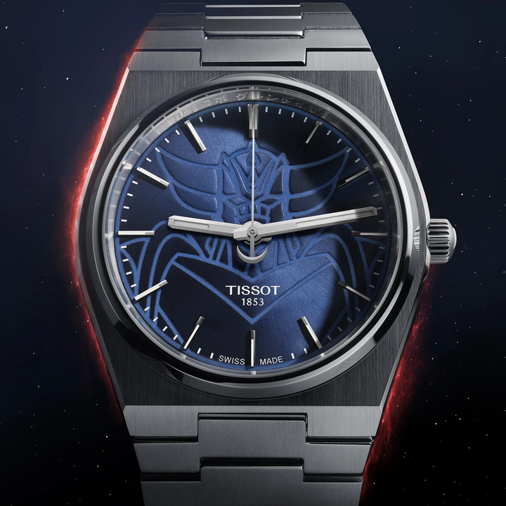 Tissot PRX UFO Robot Grendizer 40mm watch on a colored background, reference T137.407.11.041.02