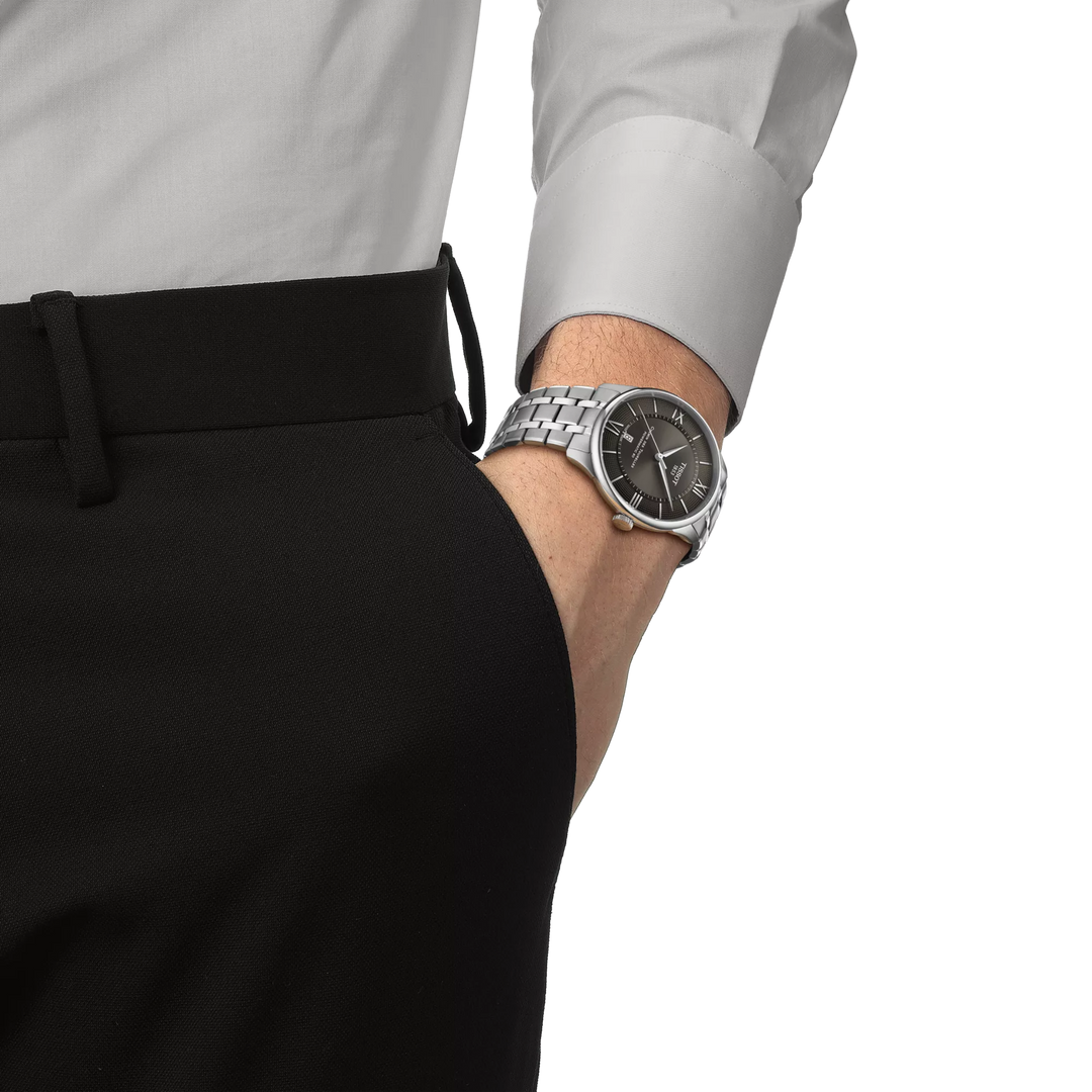 Simulation of the watch Tissot Chemin Des Tourelles 42mm on a wrist, reference T139.407.11.068.00