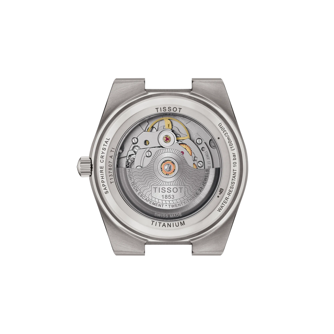 Back view of the watch case Tissot PRX Titanium 38mm, reference T137.807.44.041.00