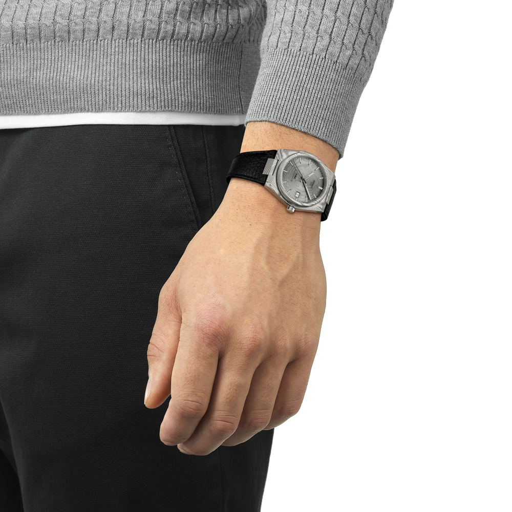 Simulation of the watch Tissot PRX Damascus Steel 38mm on a wrist, reference T137.807.96.081.00
