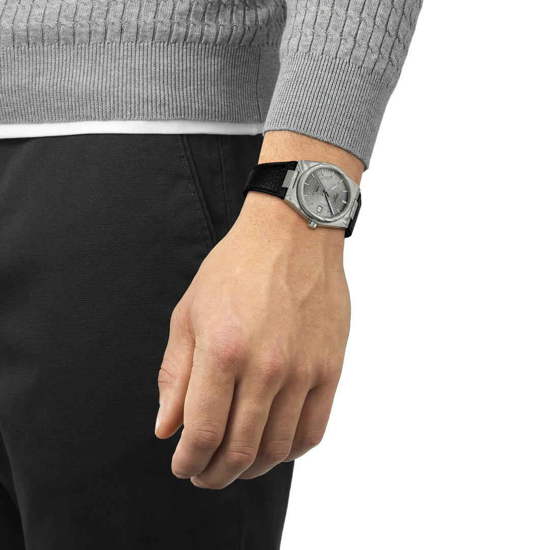 Simulation of the watch Tissot PRX Damascus Steel 38mm on a wrist, reference T137.807.96.081.00