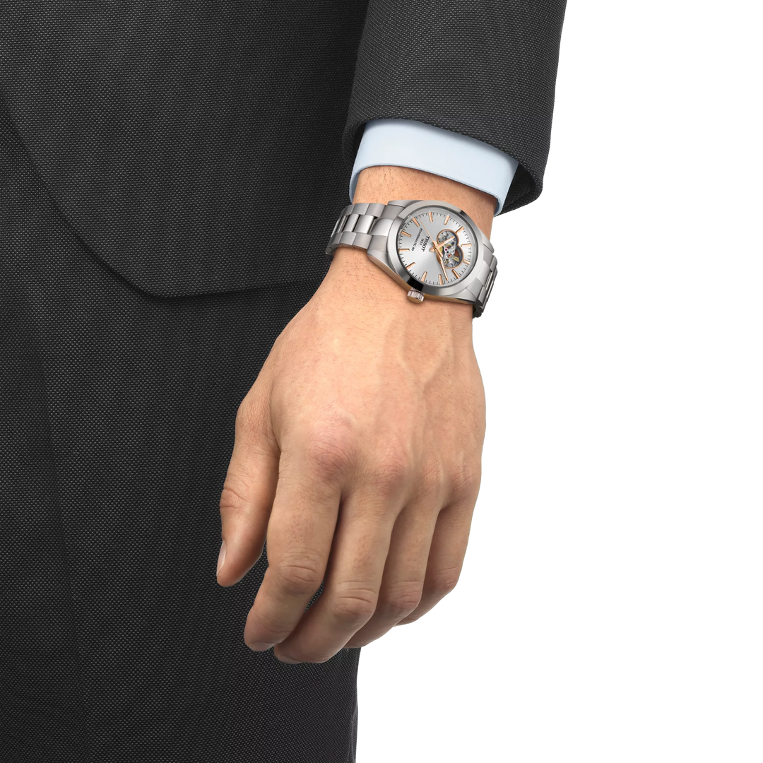 Simulation of the watch Tissot Gentleman Open Heart 40mm on a wrist, reference T127.407.11.031.01