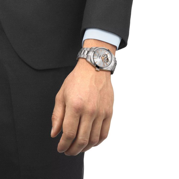 Simulation of the watch Tissot Gentleman Open Heart 40mm on a wrist, reference T127.407.11.031.01