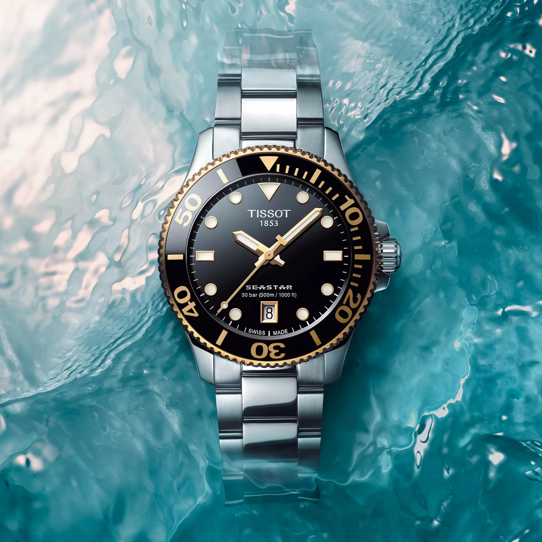Tissot Seastar 1000 36mm watch on a colored background, reference T120.210.21.051.00