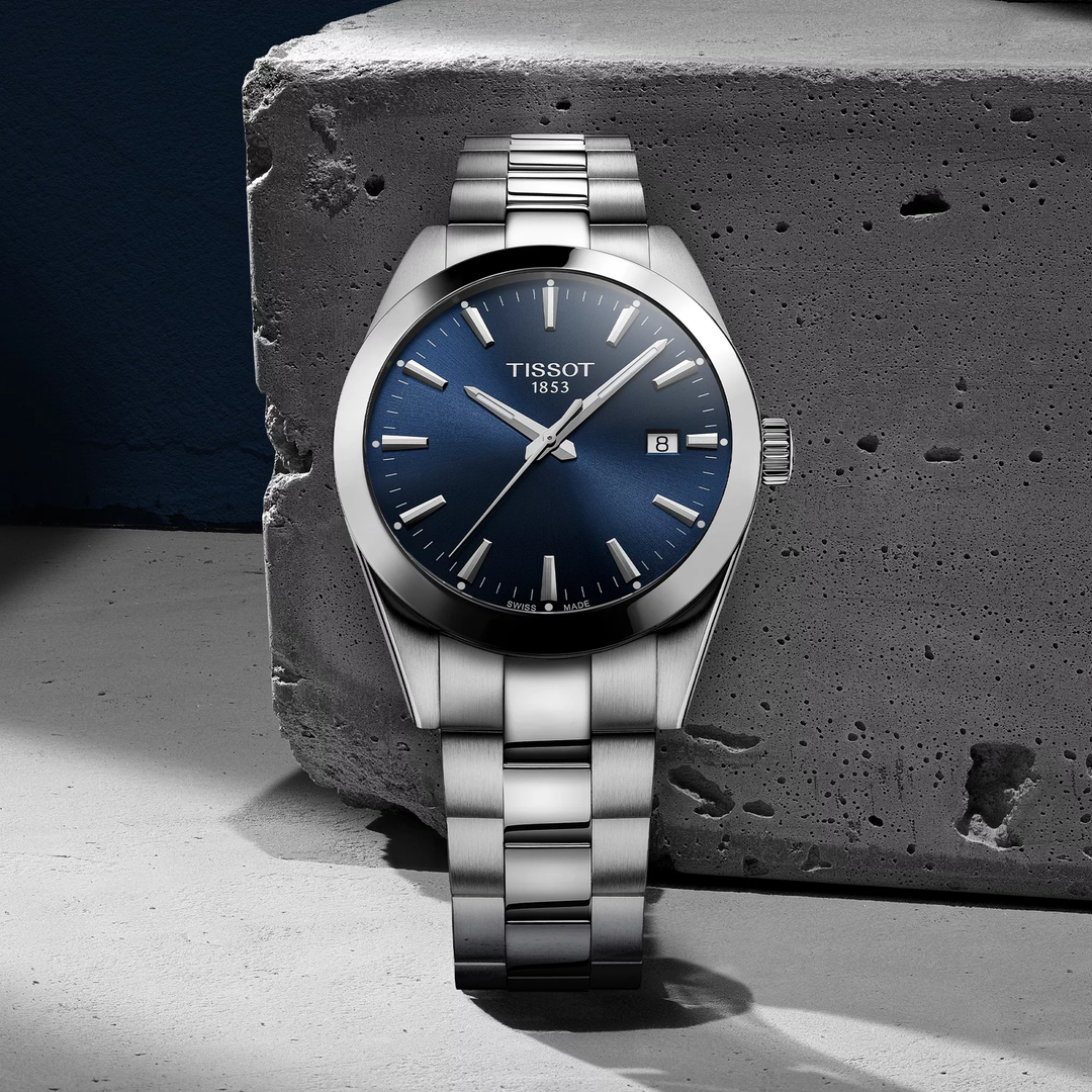 Tissot Gentleman 40mm watch on a colored background, reference T127.410.11.041.00