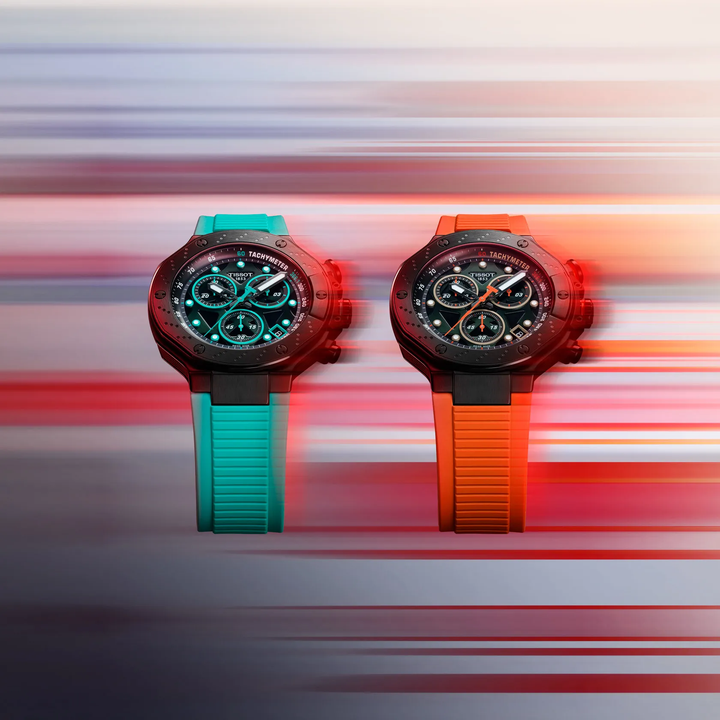 Tissot T-Race 45mm watch on a colored background, reference T141.417.37.051.02