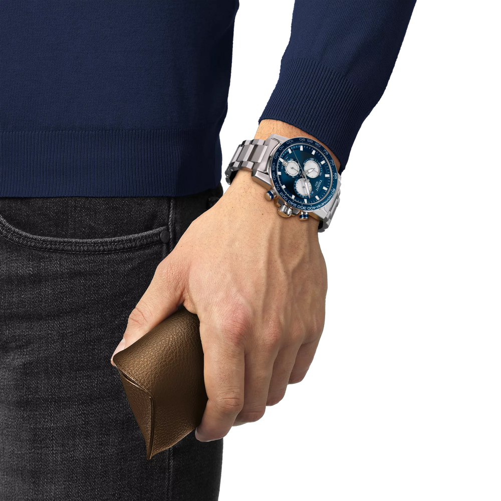 Simulation of the watch Tissot Supersport Chrono 45.5mm on a wrist, reference T125.617.11.041.00