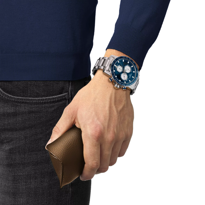 Simulation of the watch Tissot Supersport Chrono 45.5mm on a wrist, reference T125.617.11.041.00
