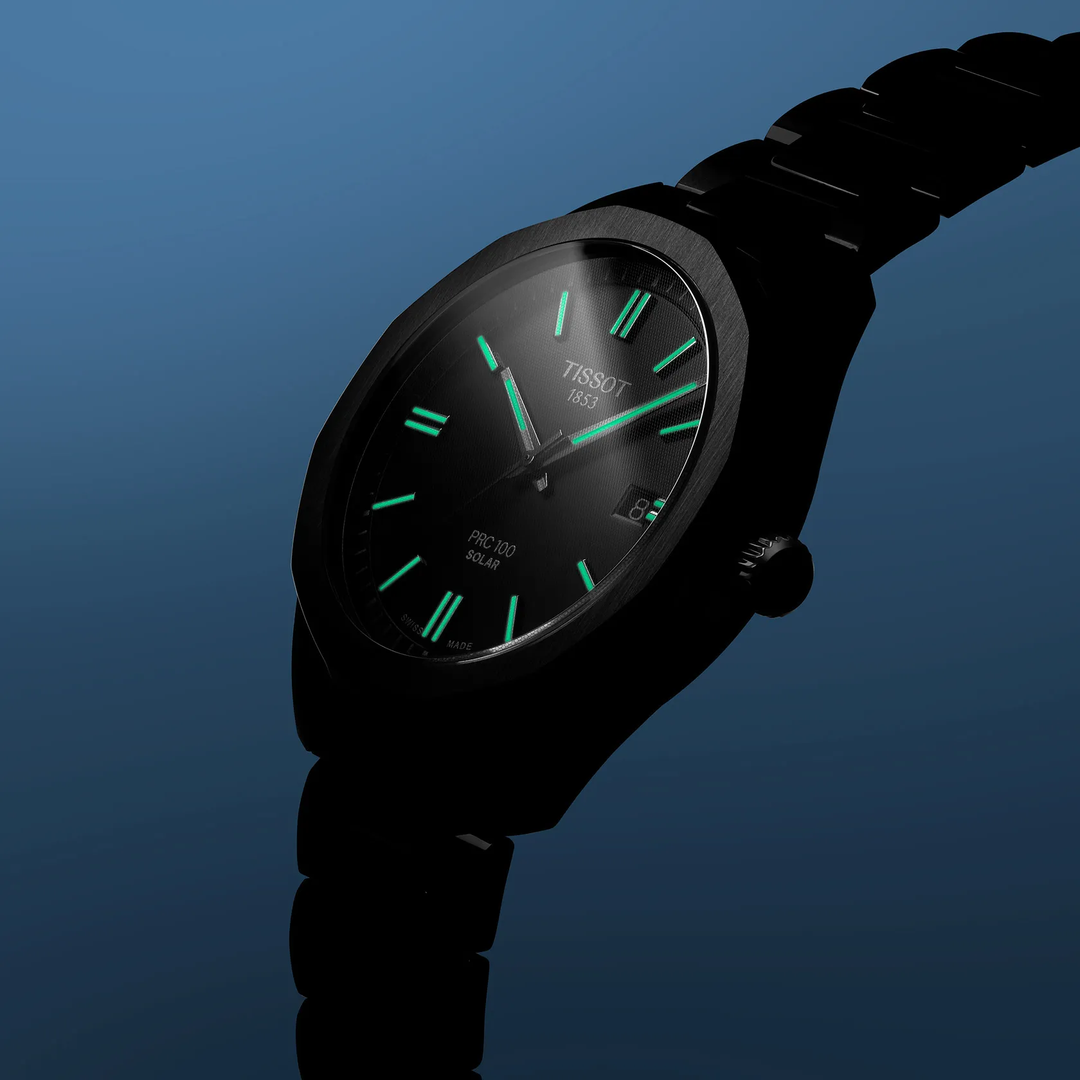 Tissot PRC 100 Solar 39mm watch on a colored background, reference T151.422.11.031.00