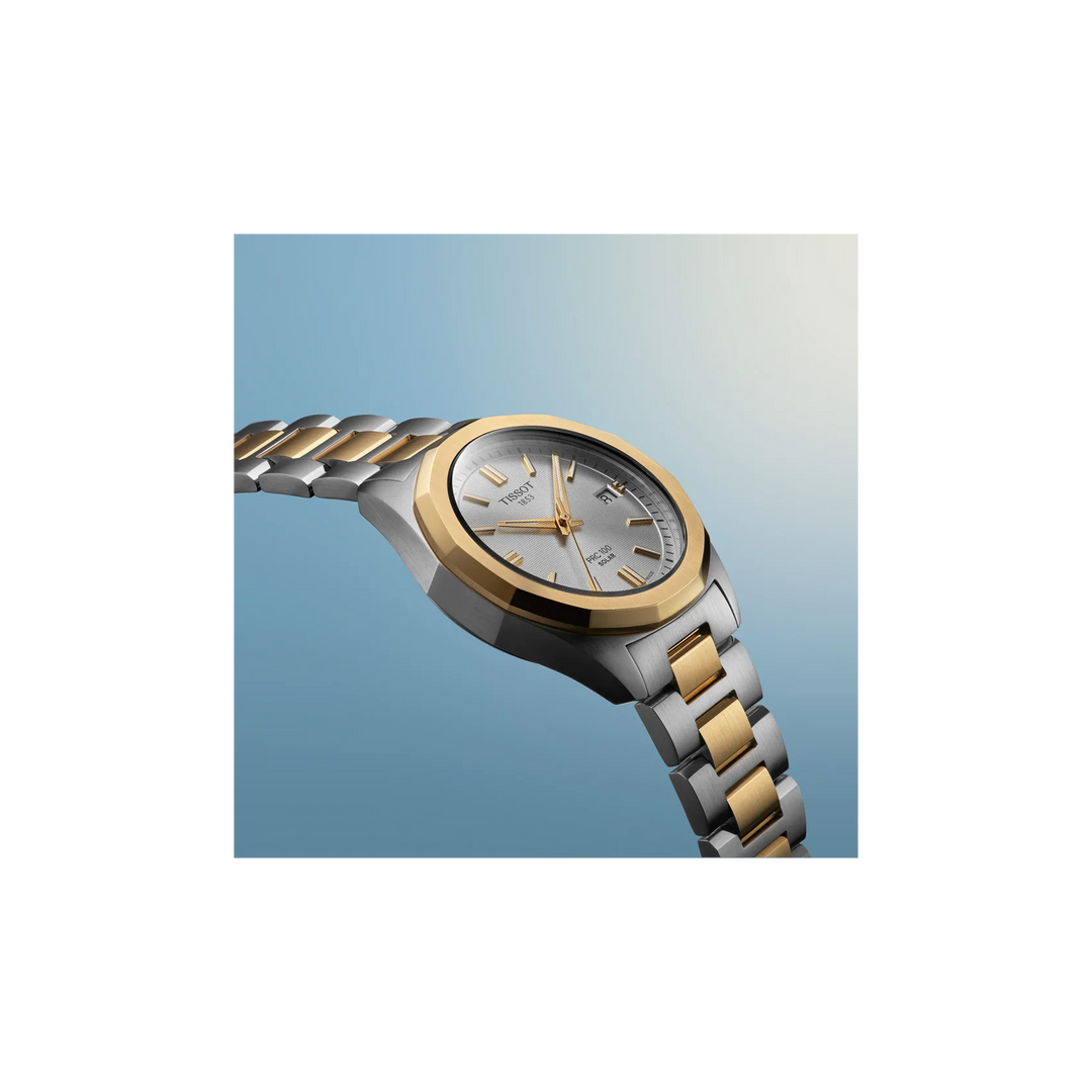 Tissot PRC 100 Solar 34mm watch on a colored background, reference T151.822.22.031.00