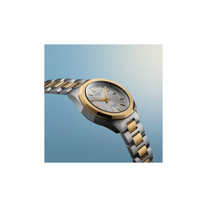 Tissot PRC 100 Solar 34mm watch on a colored background, reference T151.822.22.031.00