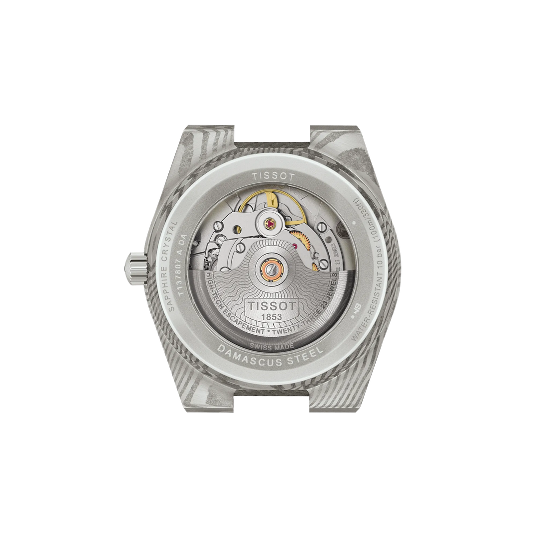 Back view of the watch case Tissot PRX Damascus Steel 38mm, reference T137.807.96.081.00