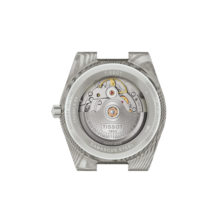 Back view of the watch case Tissot PRX Damascus Steel 38mm, reference T137.807.96.081.00