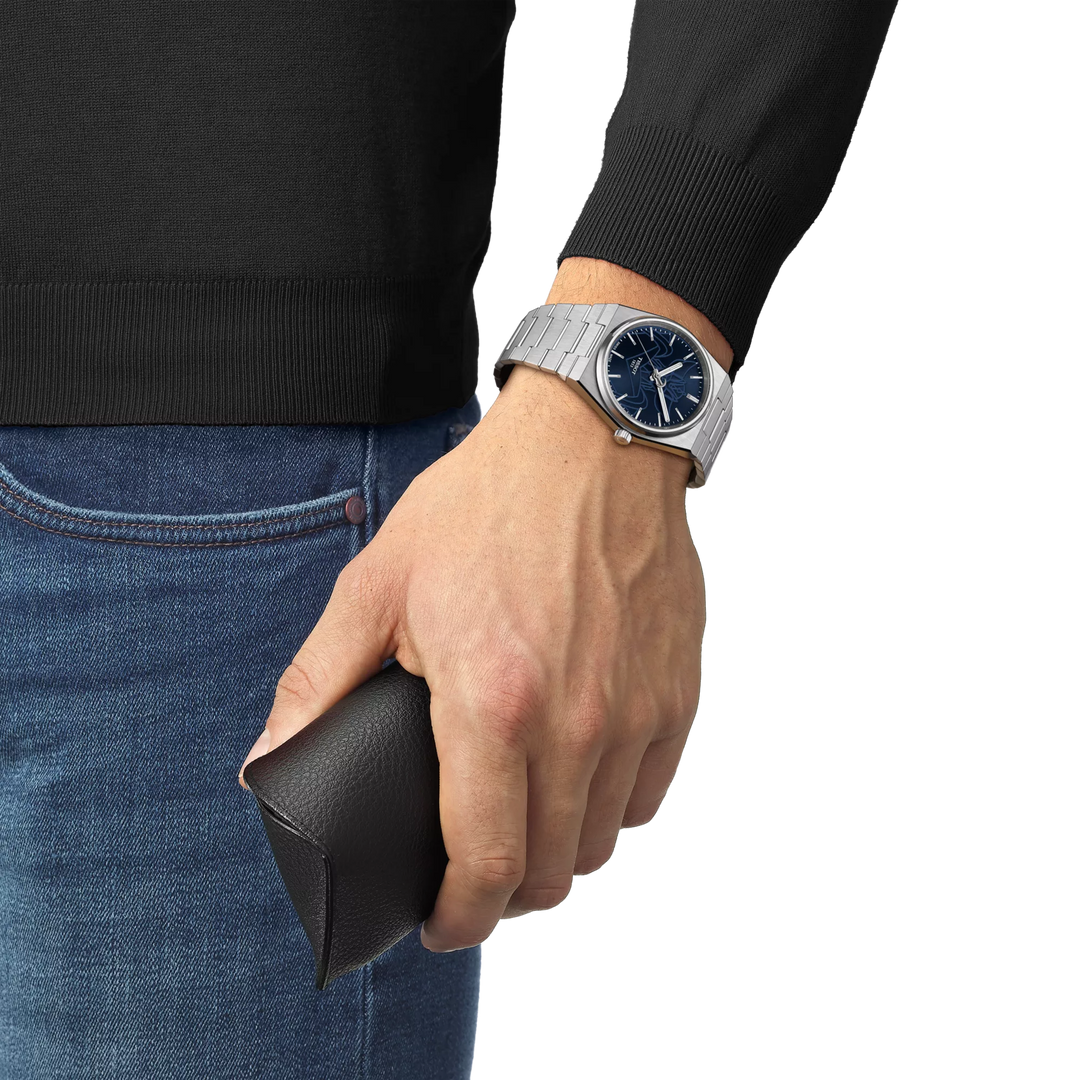 Simulation of the watch Tissot PRX UFO Robot Grendizer 40mm on a wrist, reference T137.407.11.041.02