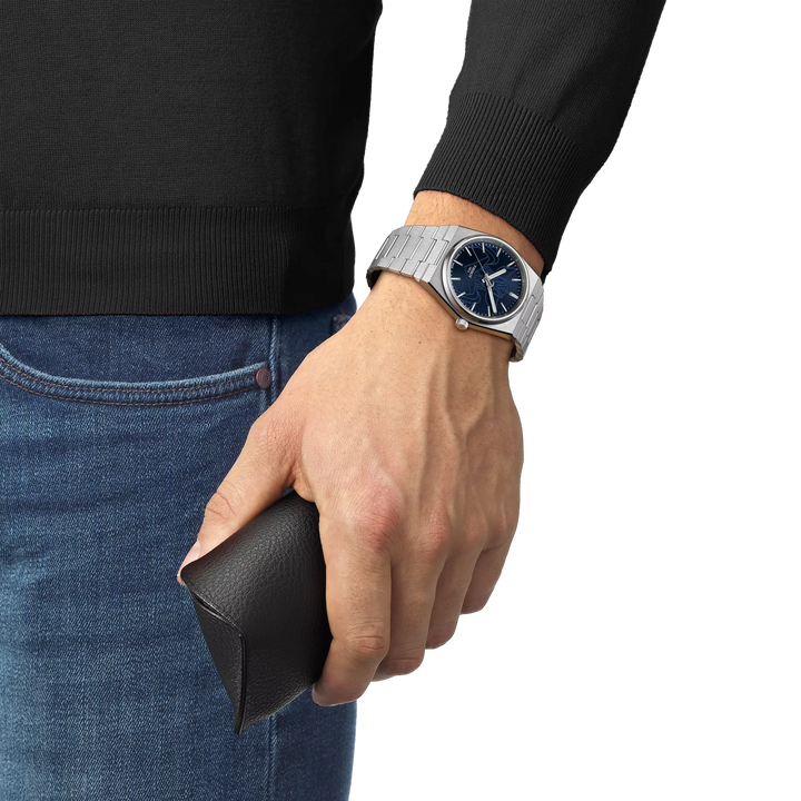 Simulation of the watch Tissot PRX UFO Robot Grendizer 40mm on a wrist, reference T137.407.11.041.02