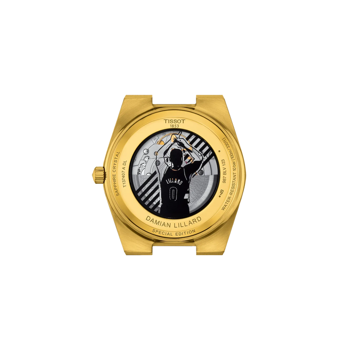 Back view of the watch case Tissot PRX Damian Lillard Special Edition 40mm, reference T137.407.33.051.00