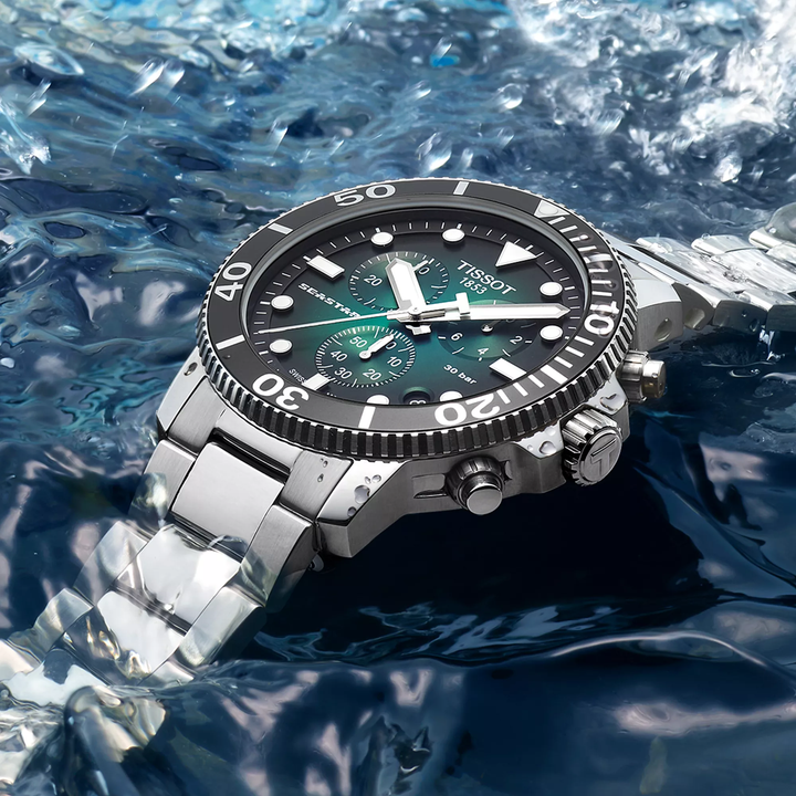 Tissot Seastar 1000 45.5mm watch on a colored background, reference T120.417.11.091.01