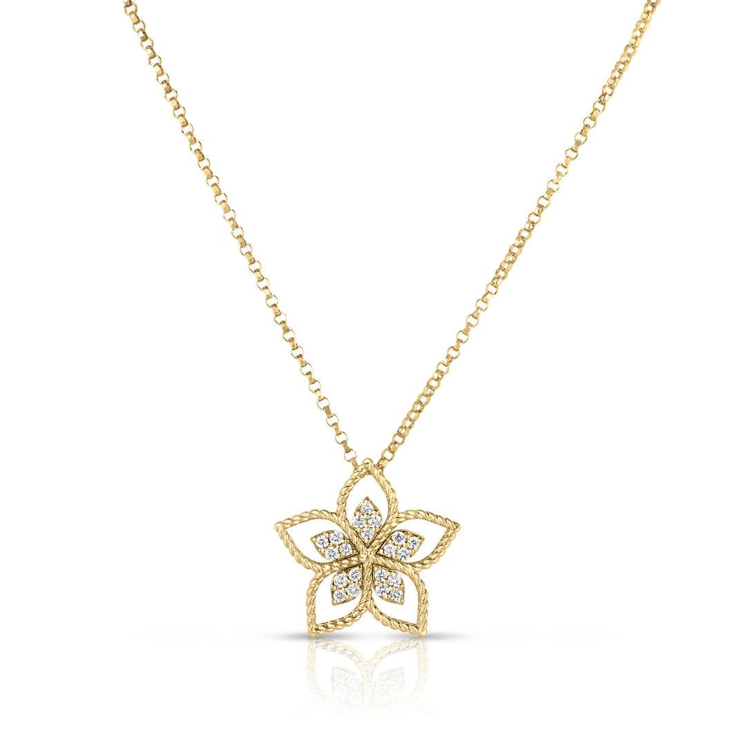 Roberto Coin 18K Yellow Gold Vernazza Small Open Frame 0.08 TCW Diamond Flower Necklace 7773683AY17X