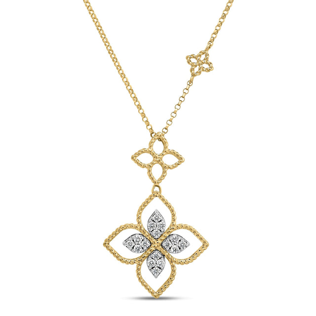 Roberto Coin Princess Flower Open Frame Double Flower Diamond Necklace in 18K Yellow & White Gold