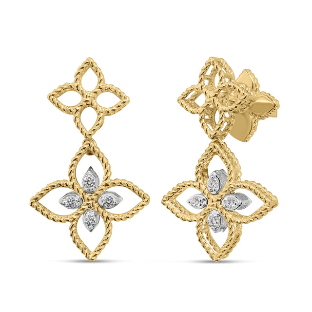 Roberto Coin Princess Flower Open Frame Diamond Drop Earrings in 18K Yellow & White Gold