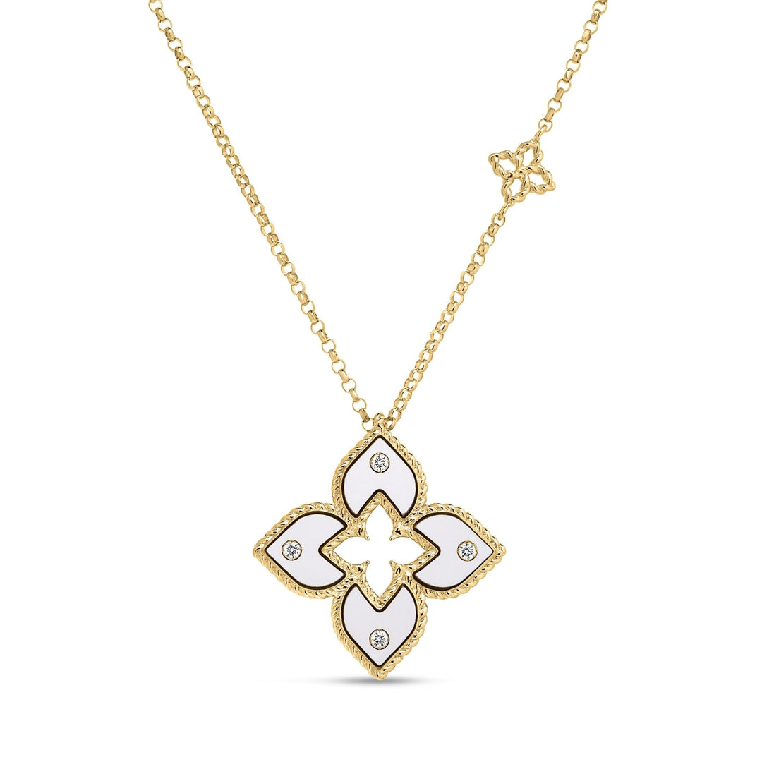 Roberto Coin 18K Yellow Gold Venetian Princess 0.02 TCW Diamond and White Enamel Flower Necklace 7773849AY17X