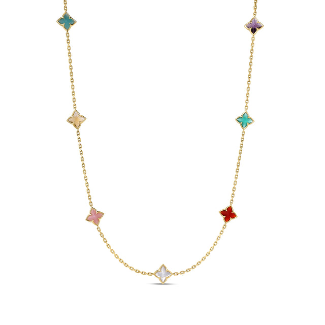 Roberto Coin Venetian Princess Carnival Mixed Stones Flower Station Necklace in 18K Yellow Gold