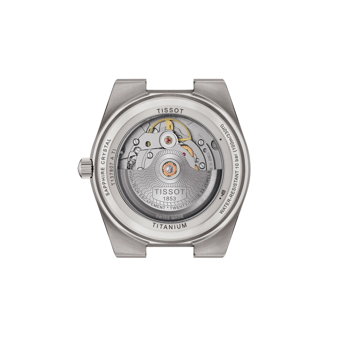 Back view of the watch case Tissot PRX Titanium 38mm, reference T137.807.44.061.00