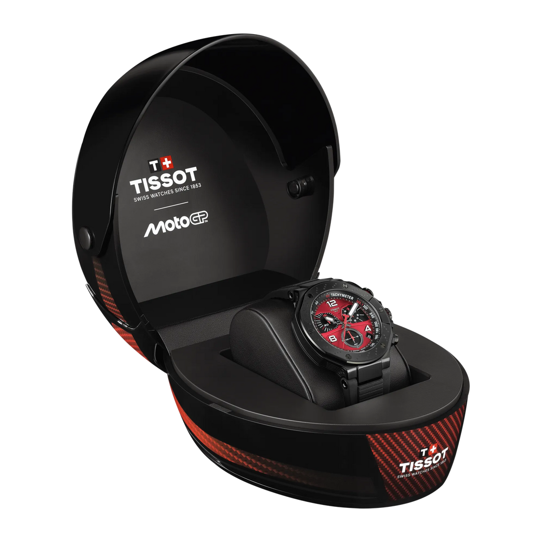 Front view of the watch Tissot T-Race MotoGP 2026 45mm with opened, reference T141.417.37.422.00